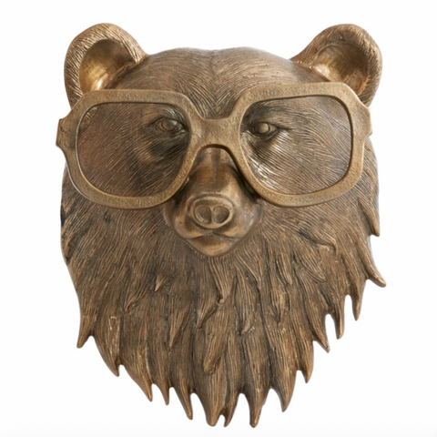 Bronze bear head wall decoration with sunglasses on a white background