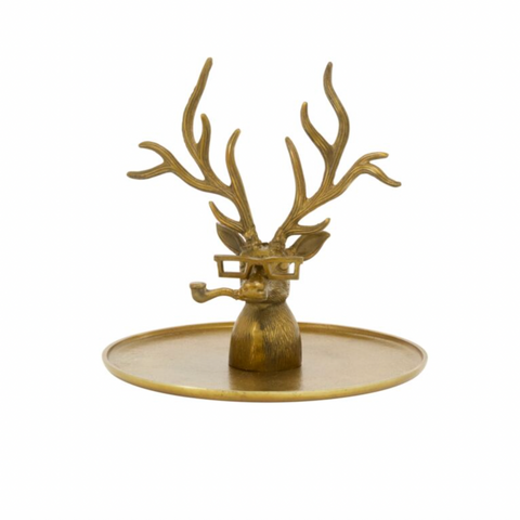 Decorative brass deer head with antlers on a circular base against a white background
