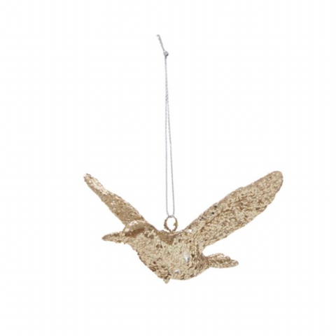 Decorative bird ornament hanging on a white background