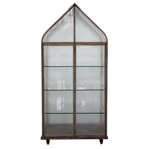 Glass display cabinet with metal frame on a white background