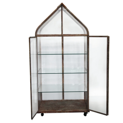 Glass display cabinet with metal frame on a white background