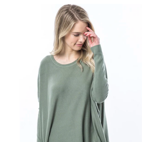 Woman wearing a green sweater on a white background