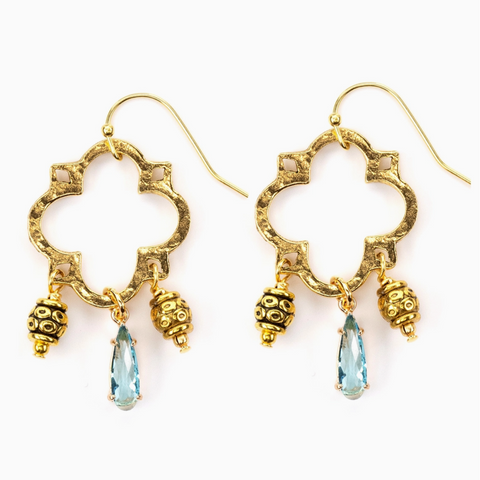 Gold earrings with openwork design and blue teardrop stones on a white background