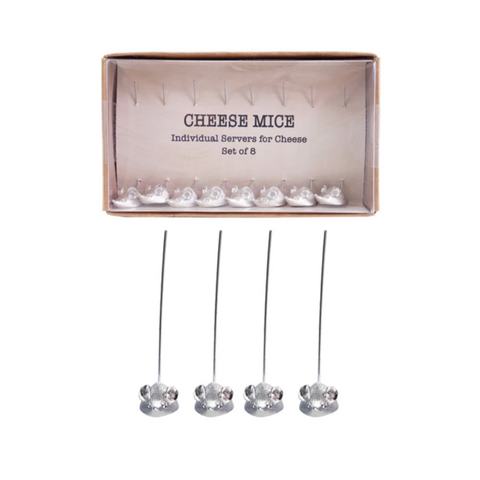 Set of eight cheese mice individual servers in a box on a white background
