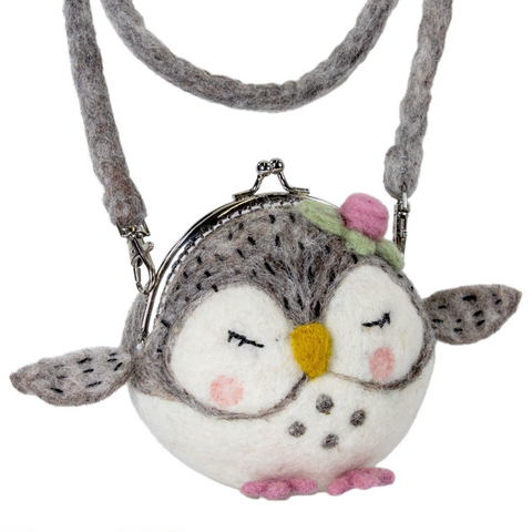 Plush owl-shaped coin purse with a gray strap on a white background