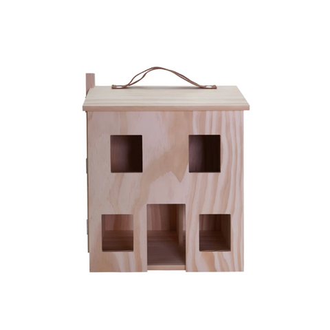 Wooden dollhouse with a faux leather handle on a white background