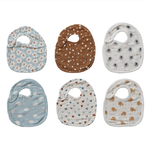 Set of six baby bibs with different patterns on a white background