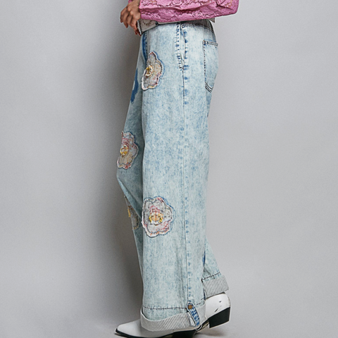 Floral Patchwork Pants - Denim
