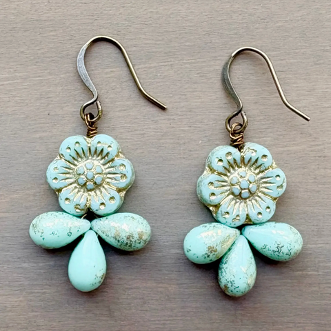 Golden Mint Flower Droplet Earrings