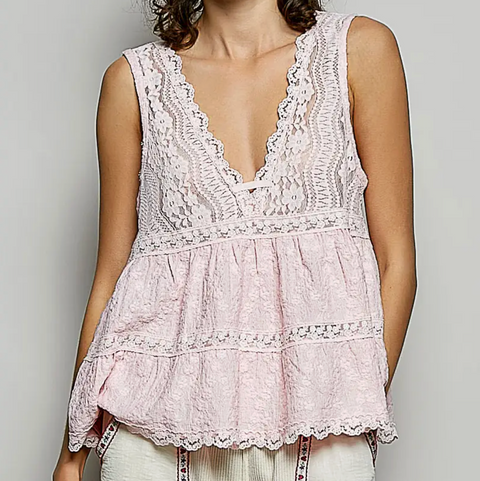 V-neck Lace Blouse - Blush