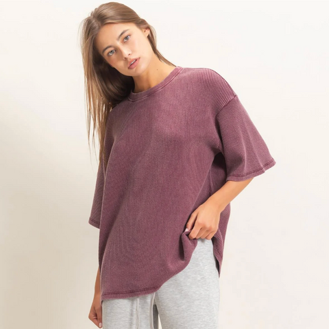 Waffle Crew Neck Top - Dark Cherry