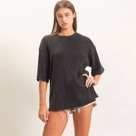 Waffle Crew Neck Top - Black