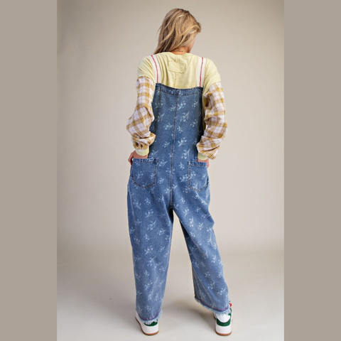 Floral Printed Overalls - Denim