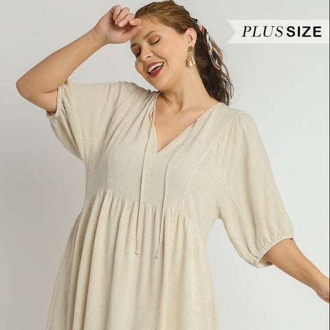 V-Neck Pleated Short Dress - Oatmeal