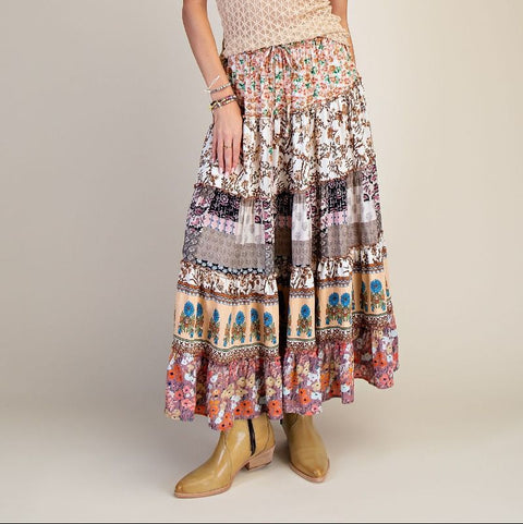Boho Multi-Tiered Skirt - Khaki