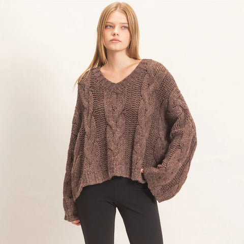 Cable Knit V-Neck Sweater - Dark Brown